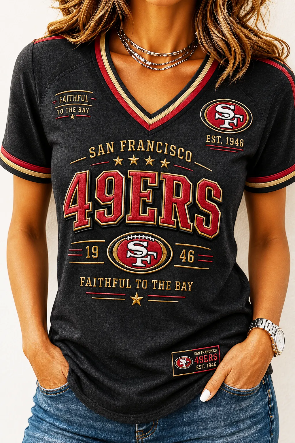 Women's San Francisco 49ers Black Vintage Multi-Detail Red & Gold Trim V-Neck Football Fan Short Sleeve Tee
