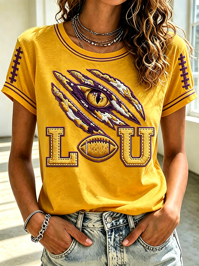 Women's Rugby Printed Round Neck Short Sleeved T-Shirt