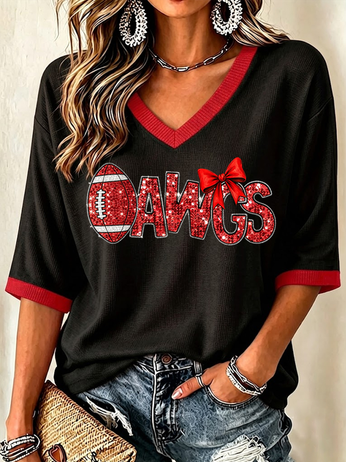 Women's University Football Print Waffle Top