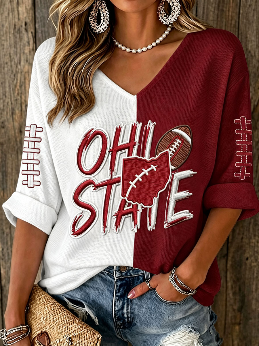 Women'S College Rugby Printed Waffle V-Neck Top