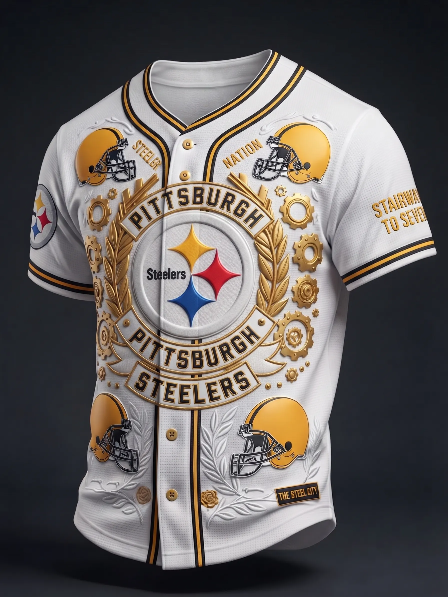Men's Pittsburgh Steelers 3D Embossed Full Print Button-Up Short Sleeve Baseball Football Jersey