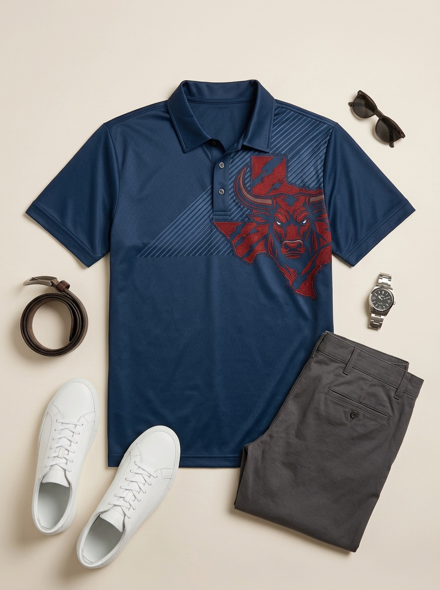 Men's Houston Texans Football Bull Texas Map Printed Polo Shirt