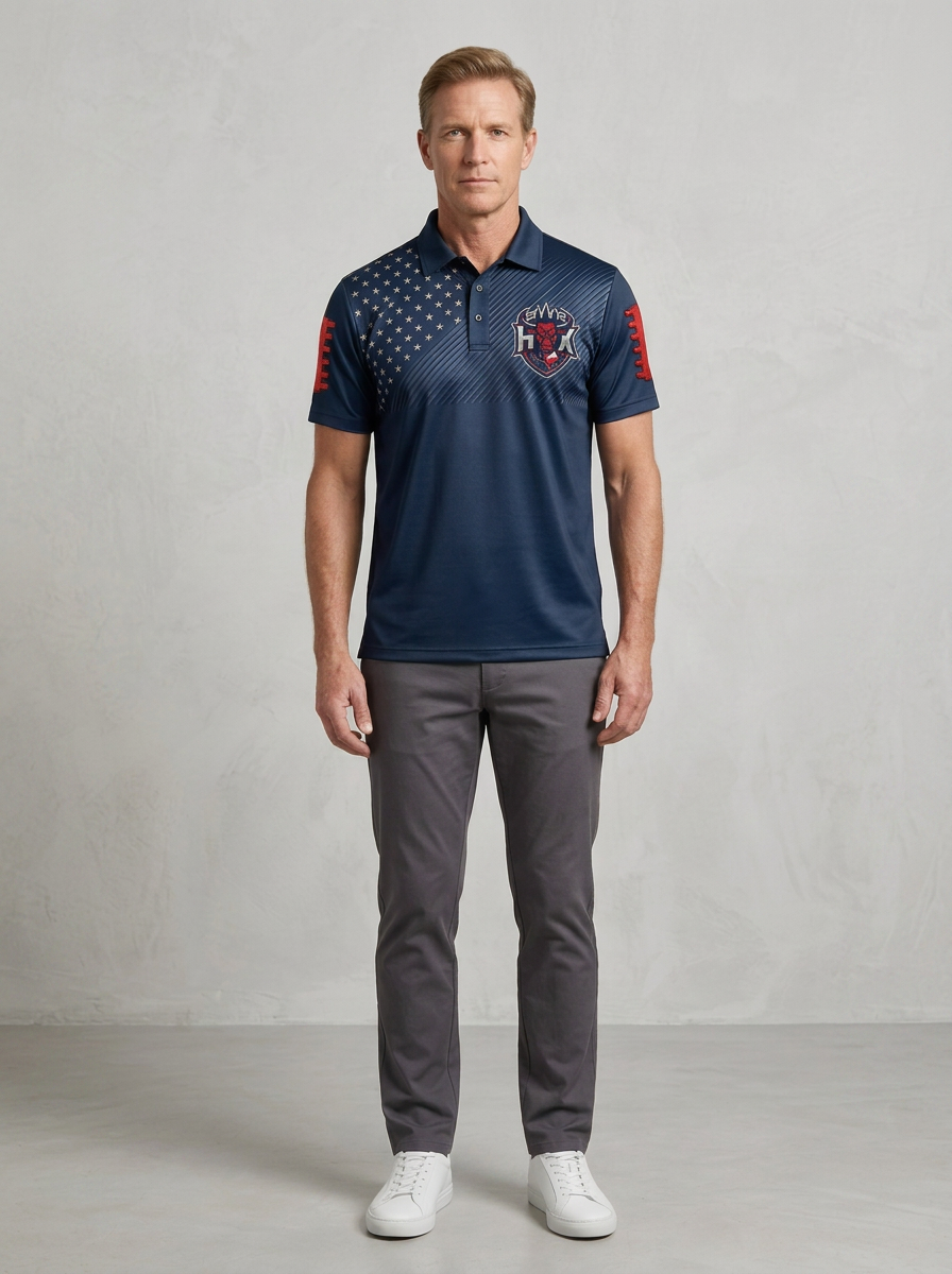 Men's Houston Texans Football Bull Logo American Flag Printed Polo Shirt