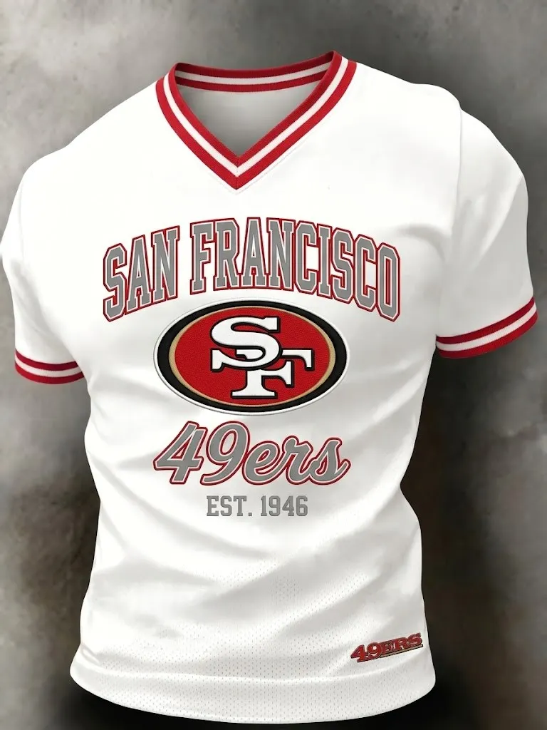 Men's San Francisco 49ers Red White Striped V-Neck Mesh Football Cheer Print Short Sleeve T-Shirt