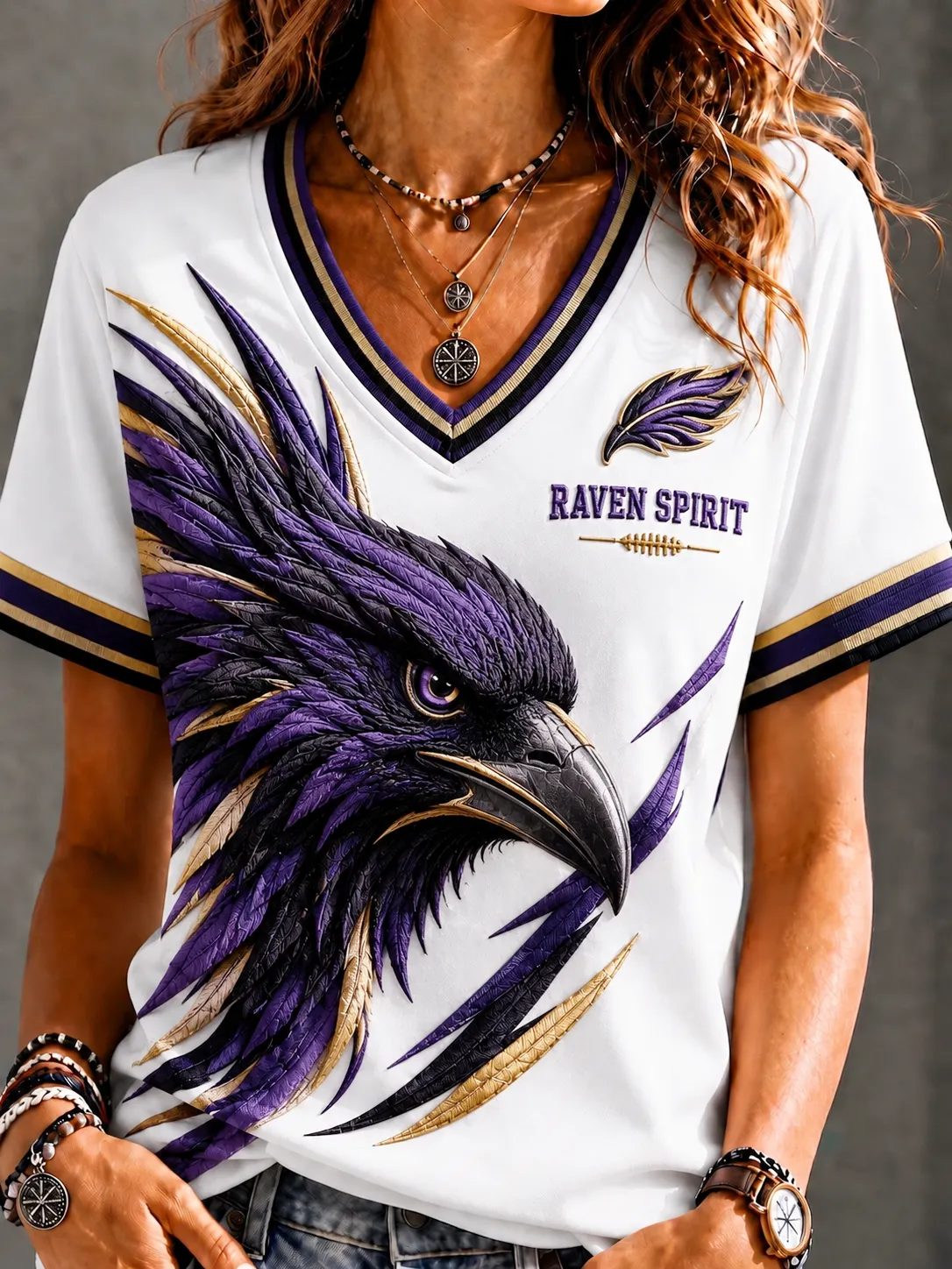 Women's Casual Football Team Graphic V-Neck Tee