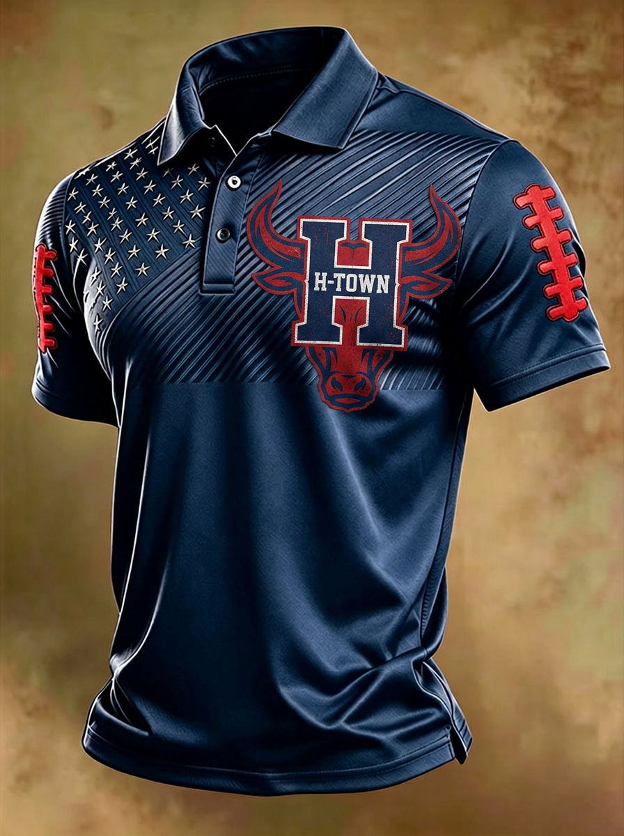 Men's Houston Football Fan H-Town Bull Flag Printed Polo Shirt