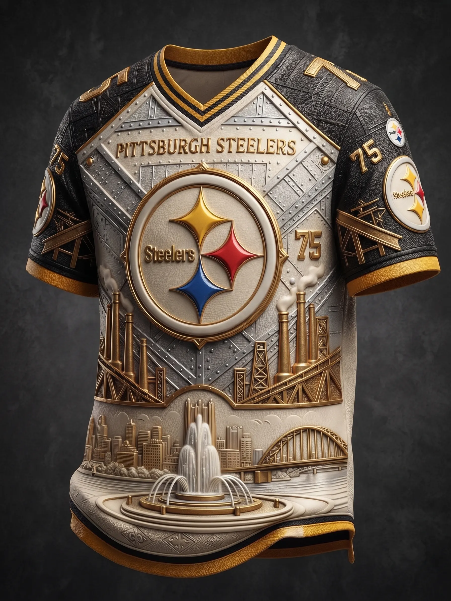 Men's Pittsburgh Steelers 3D Embossed City Landmark V-Neck Football Jersey Shirt