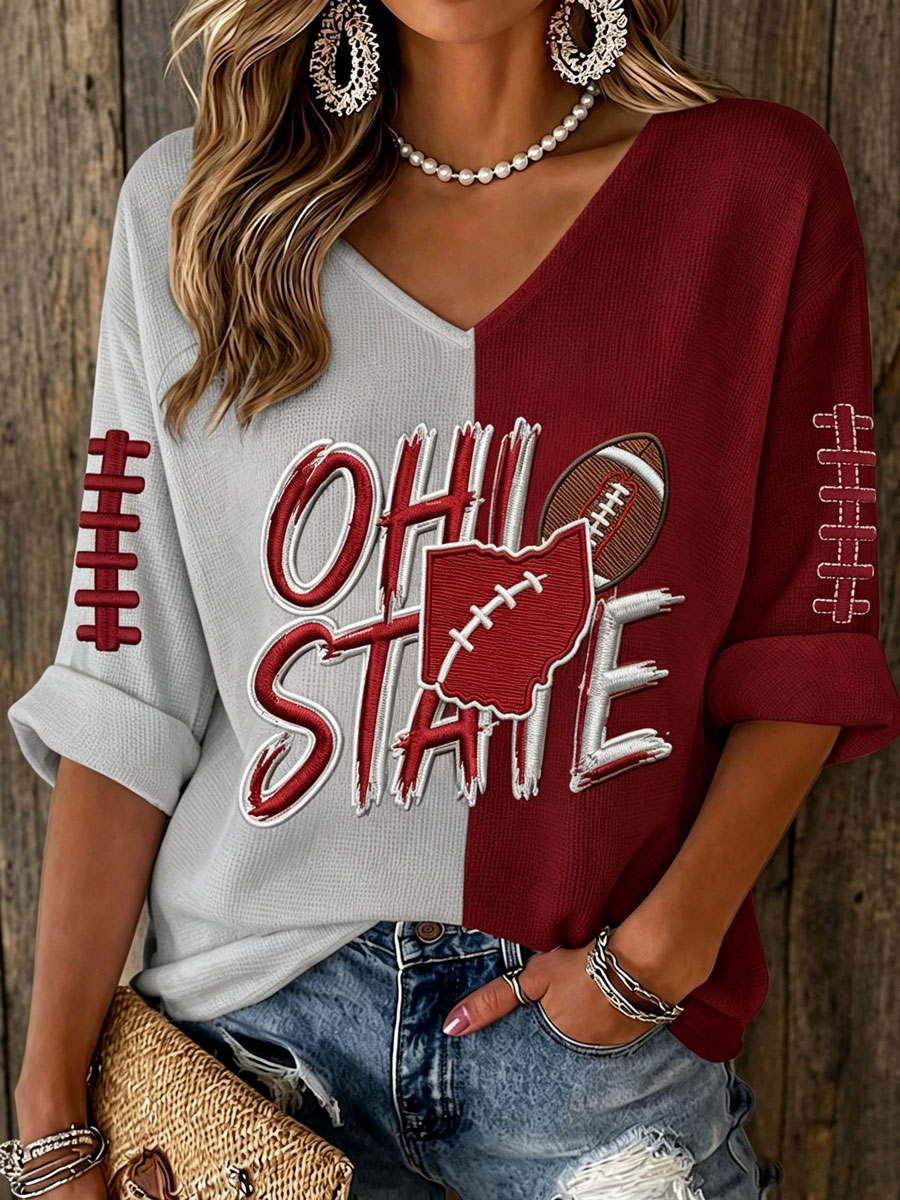 Women'S College Rugby Printed Waffle V-Neck Top