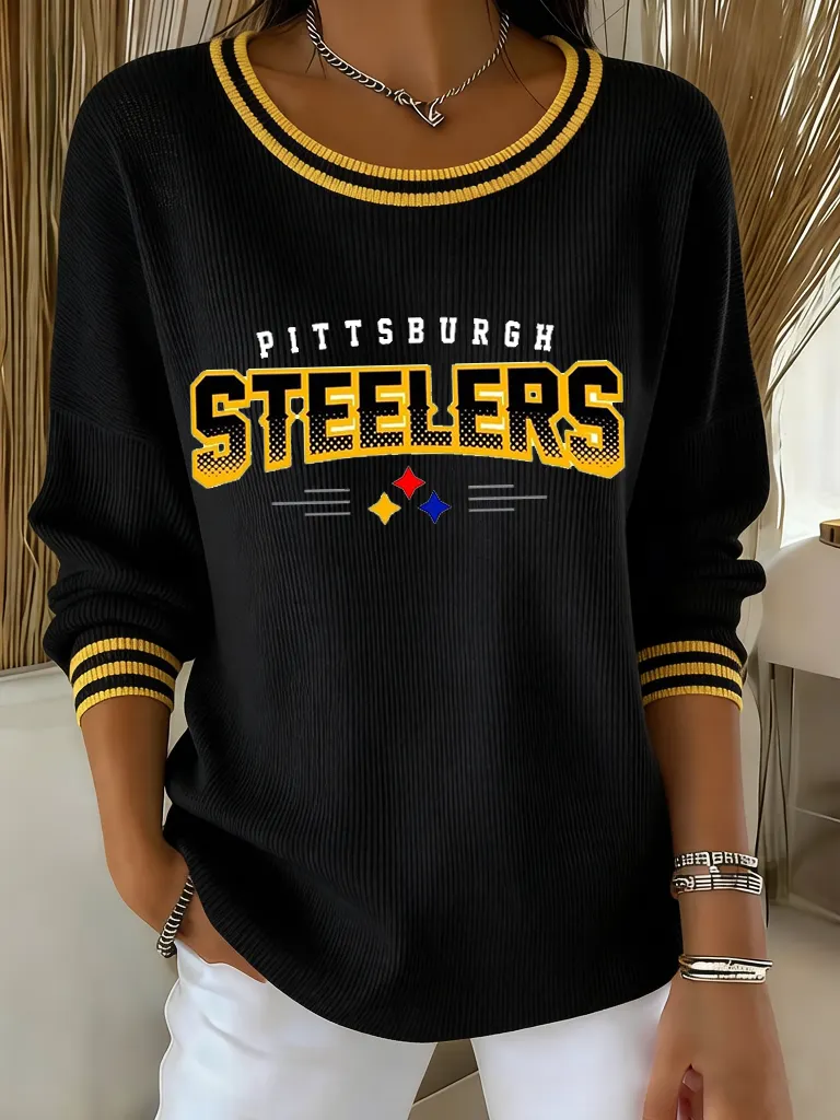 Women's Pittsburgh Steelers Striped Crew Neck Ribbed Knit Long Sleeve Top