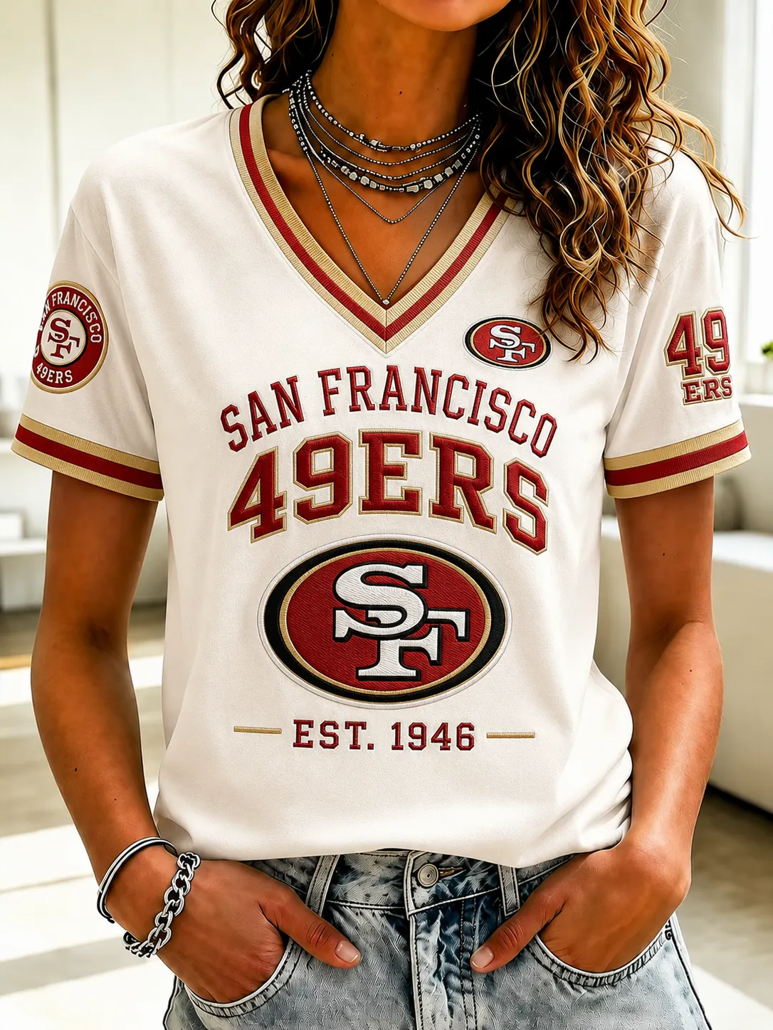 Women's San Francisco 49ers White Red-Gold Trim Retro V-Neck Football Fan Short Sleeve T-Shirt