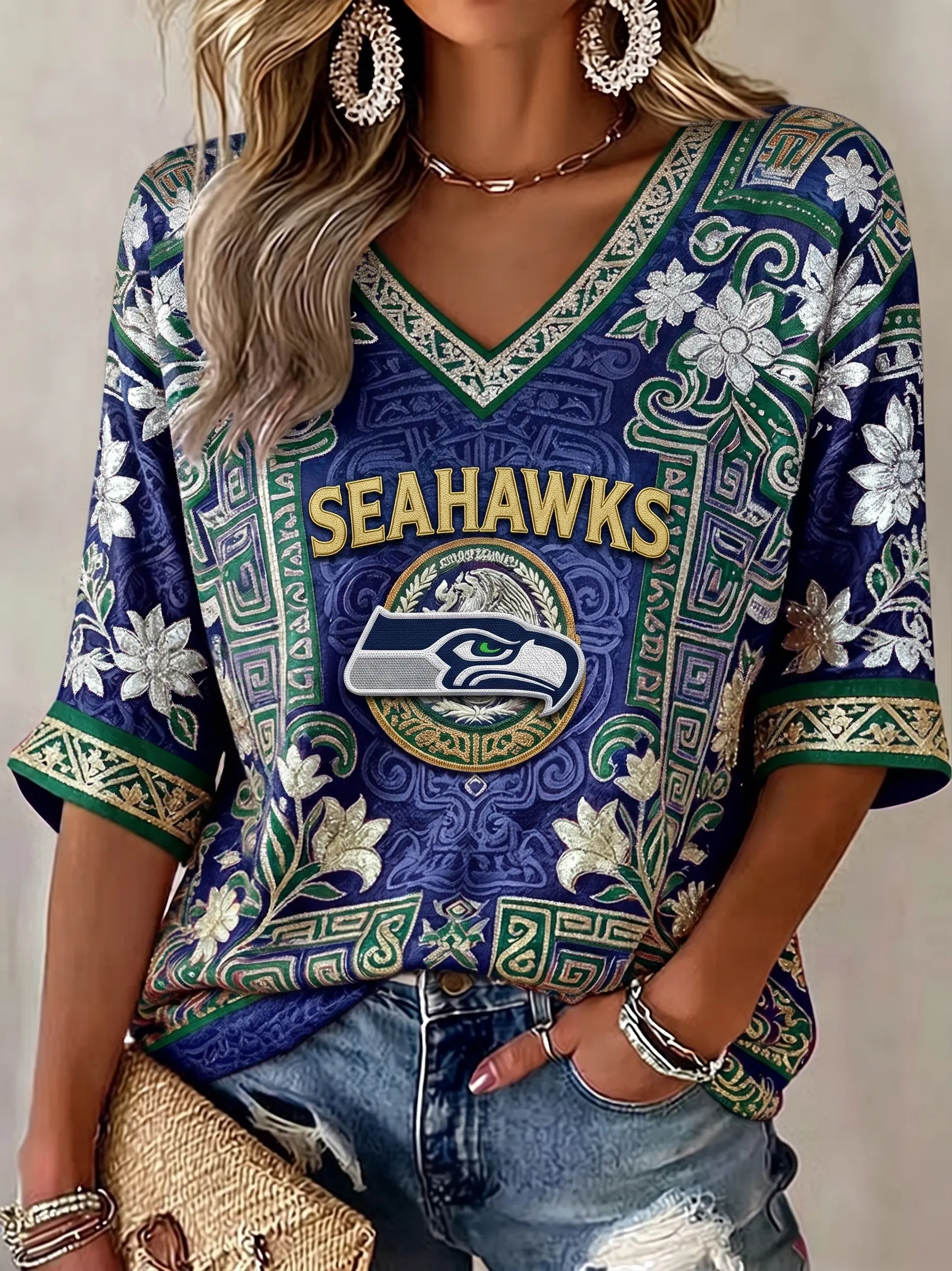 Women's Football   V-Neck Sporty Graphic Top