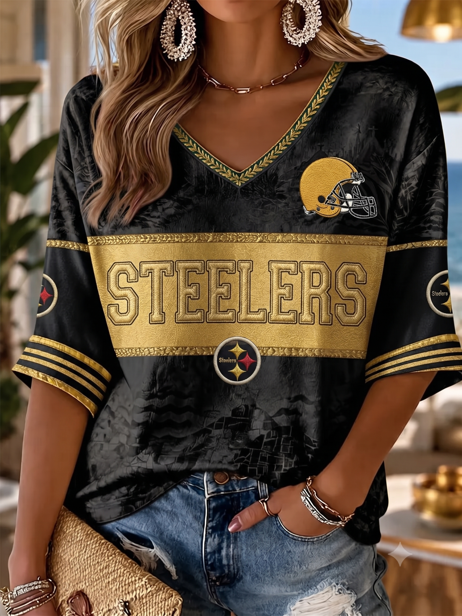 Women's Pittsburgh Steelers Black Gold Horizontal Stripe V-Neck 3/4 Sleeve Football Print T-Shirt