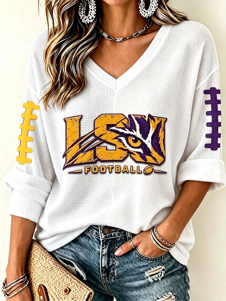 Women'S Rugby Patterned Waffle V-Neck Top
