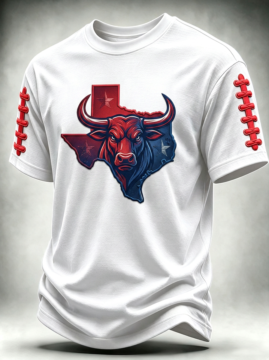 Men's Houston Texans Football Bull Texas Map Printed T-shirt