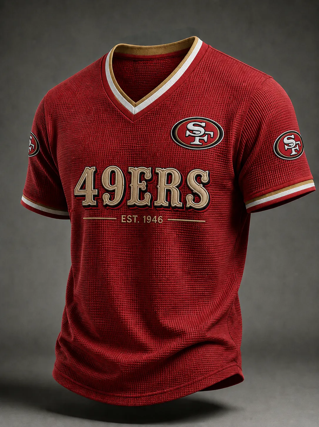 Men's San Francisco 49ers Red Waffle Mesh V-Neck Gold Trim Retro Football Fan Short Sleeve T-Shirt