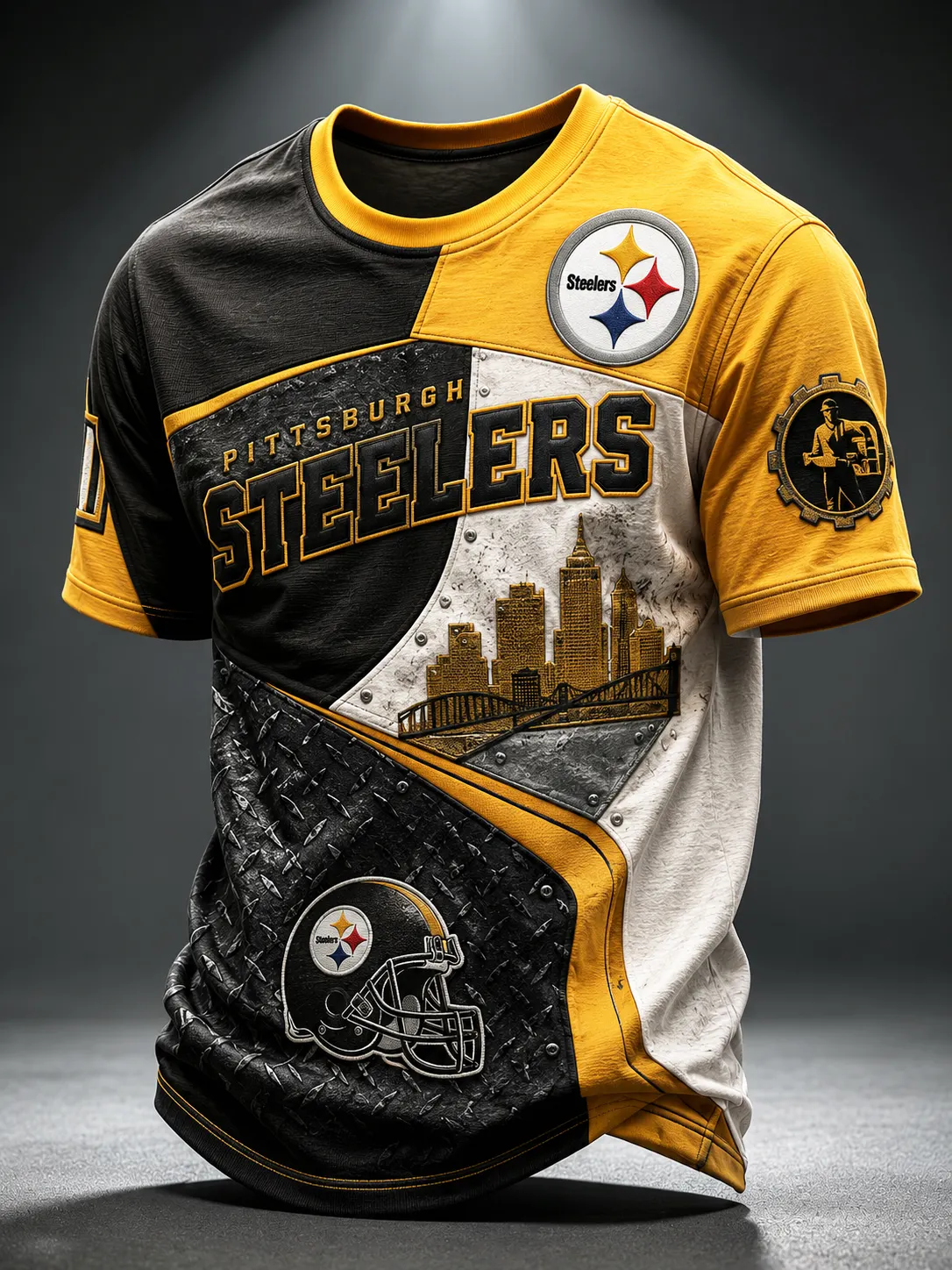 Men's Pittsburgh Steelers Color Block City Skyline Distressed Football T-Shirt