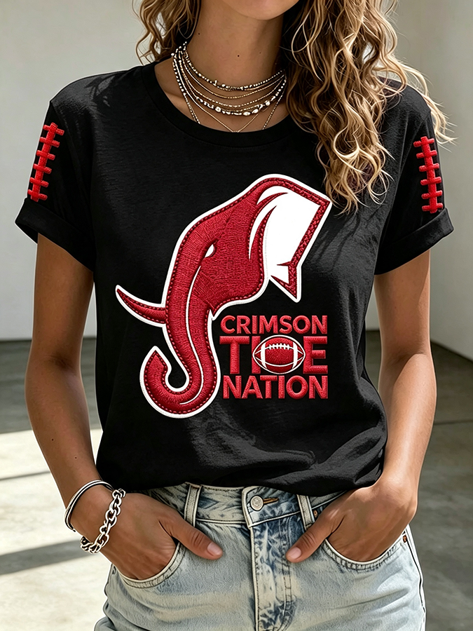 Women'S Rugby Printed Round Neck Short Sleeved T-Shirt