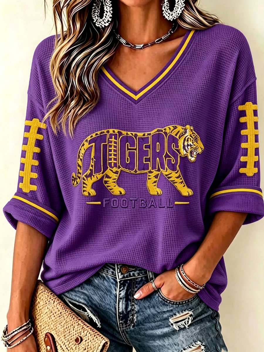 Women'S Rugby Patterned Waffle V-Neck Top