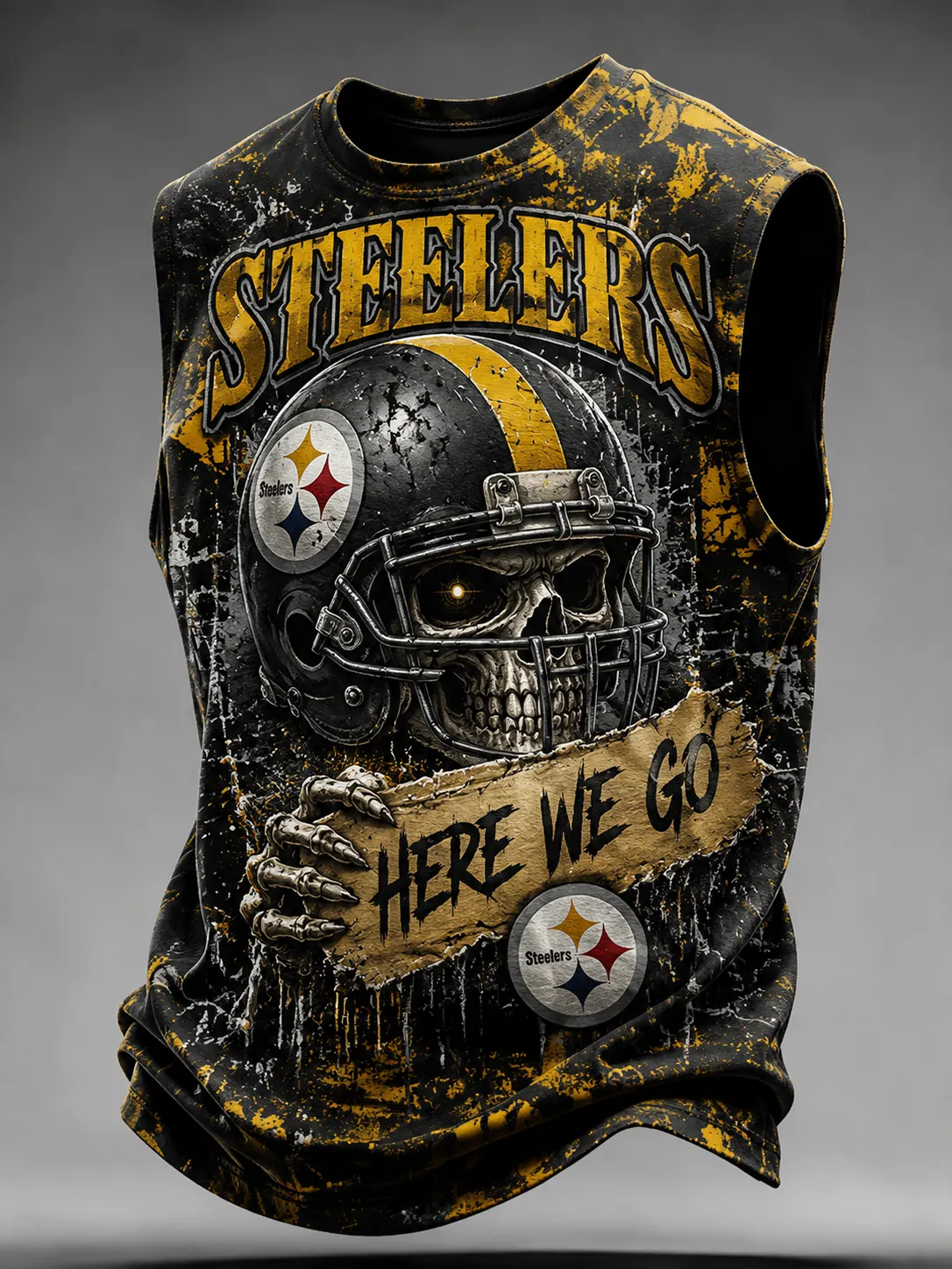 Men's Pittsburgh Steelers Vintage Distressed Skull Helmet Graphic Sleeveless Tank Top
