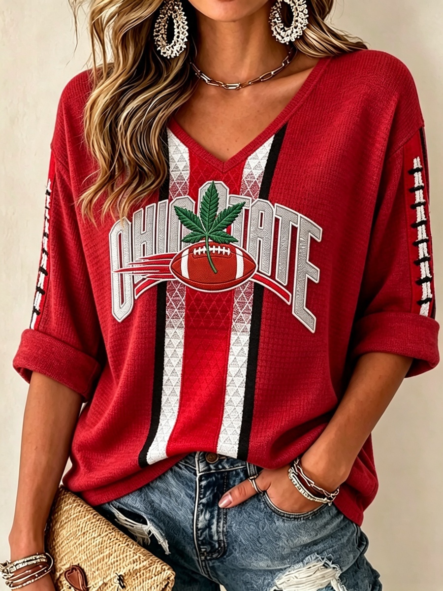 Women'S Football Print Waffle V-Neck Top