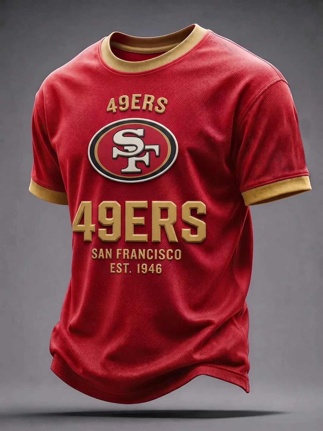 Men's San Francisco 49ers Red Gold Contrast Crew Neck 3D Embossed Graphic Football Short Sleeve Tee
