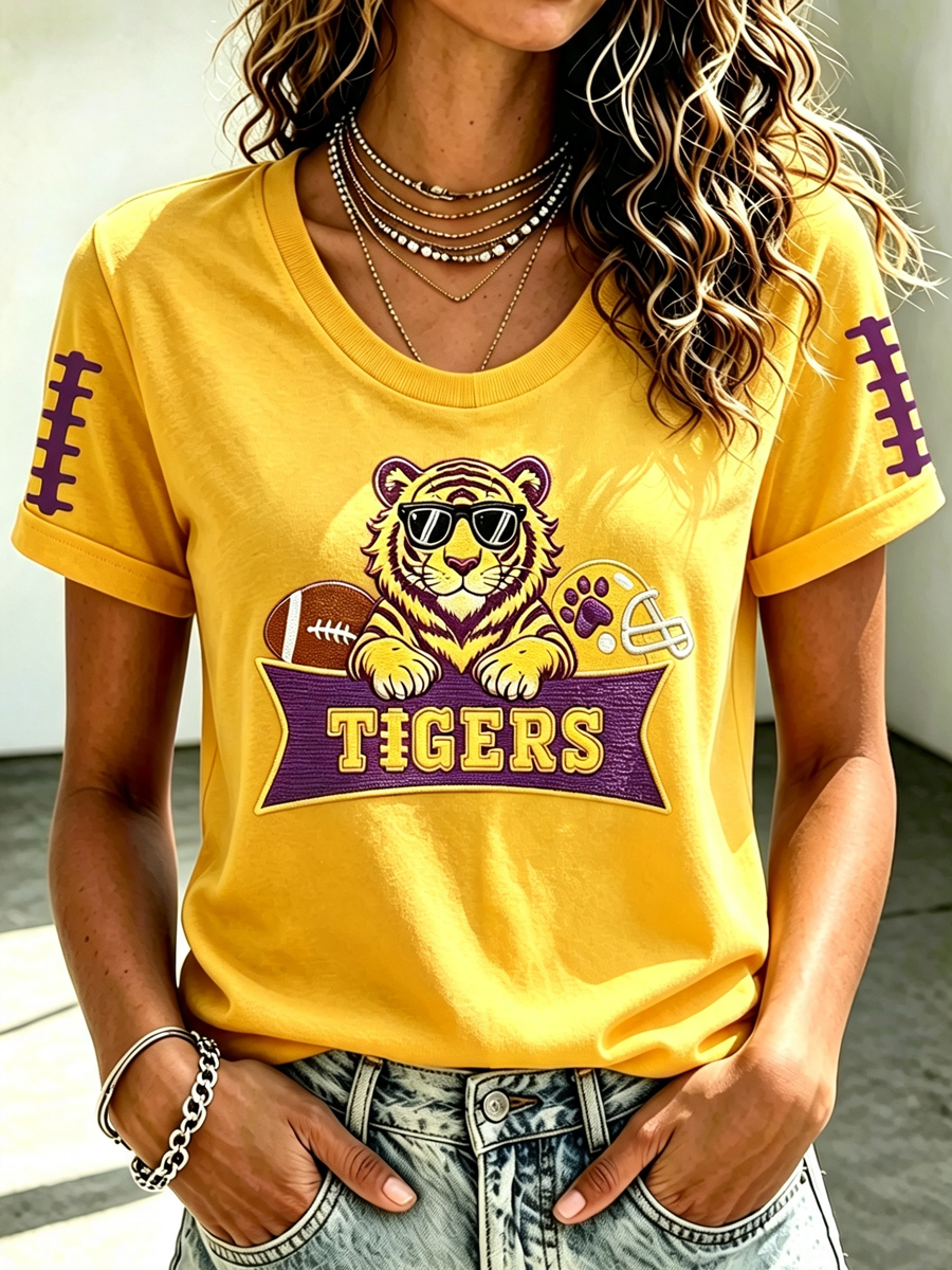 Women'S Rugby Printed Round Neck Short Sleeved T-Shirt