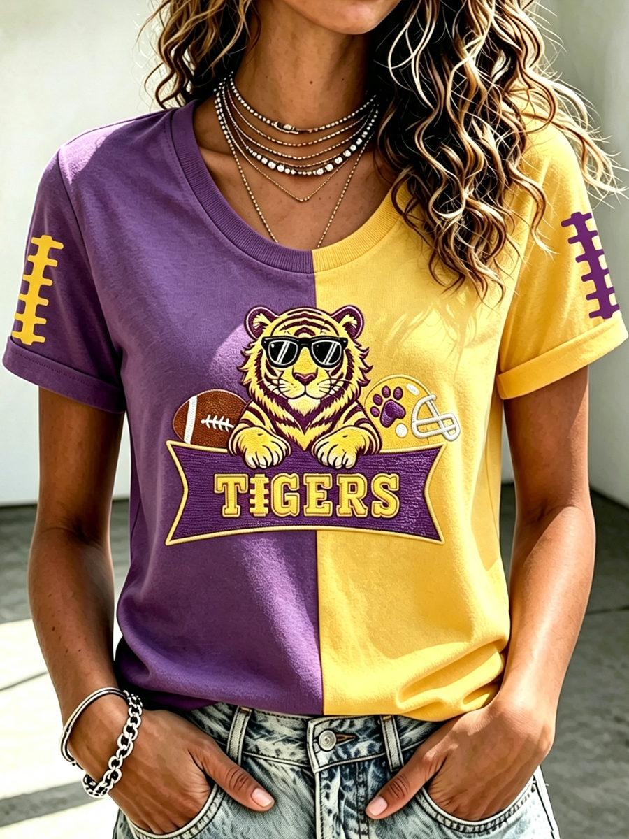 Women'S Rugby Printed Round Neck Short Sleeved T-Shirt