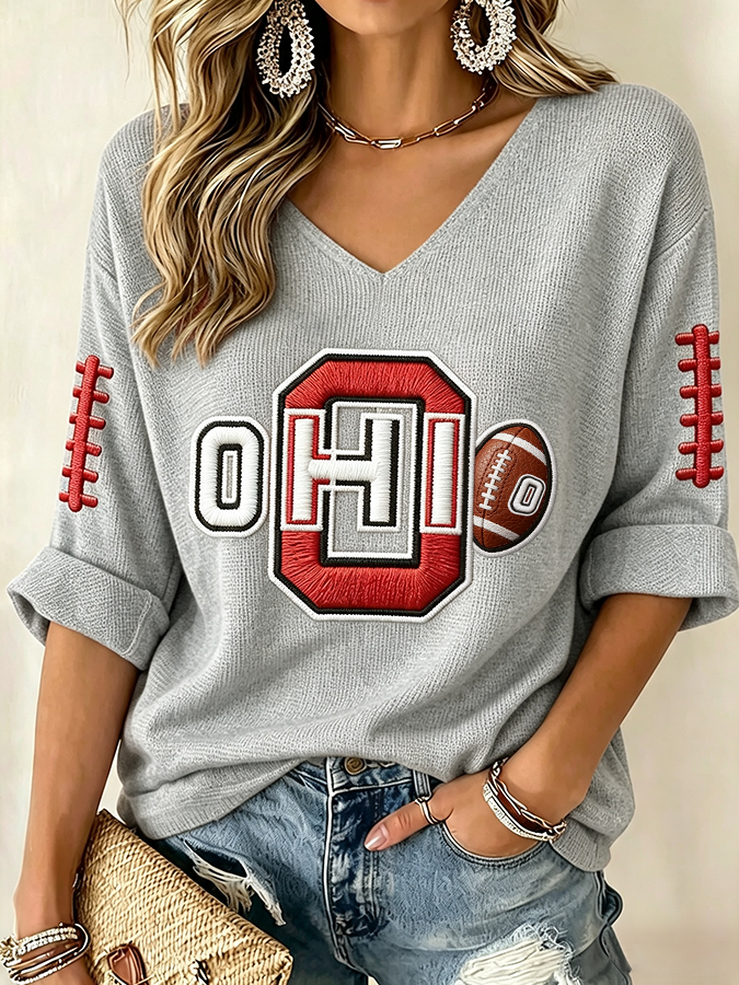 Women'S College Rugby Printed Waffle V-Neck Top