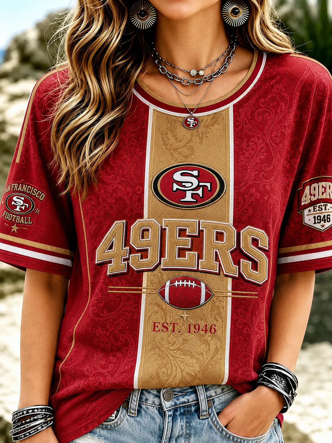 Women's San Francisco 49ers Vertical Color Block Vintage Floral Print Crew Neck Short Sleeve Football Tee