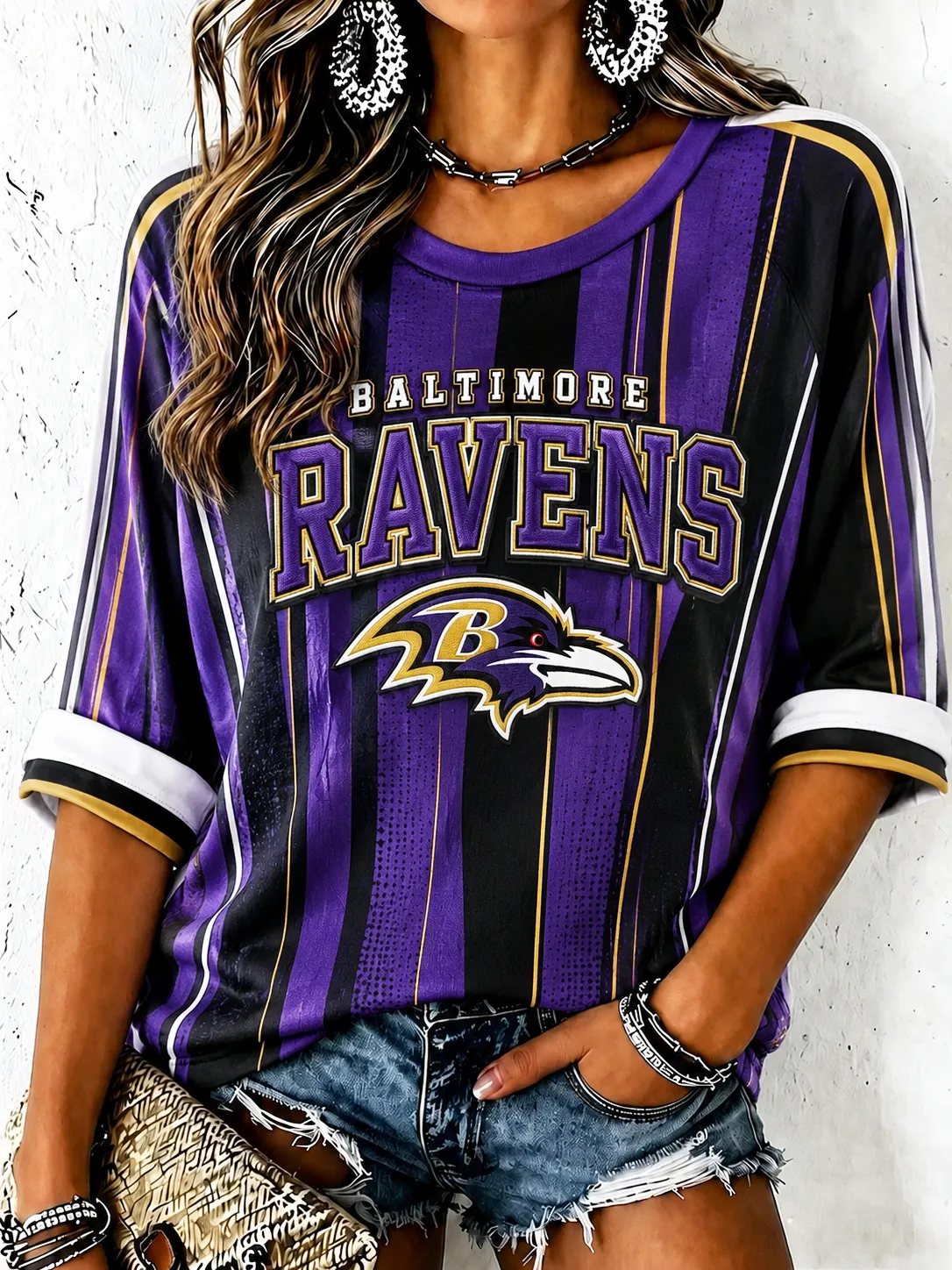 Women's Baltimore Ravens Vertical Stripe Loose 3/4 Sleeve Football T-Shirt