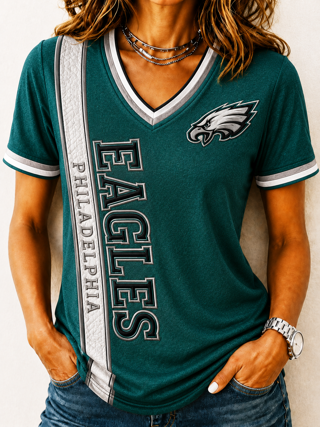 Women's Casual V-Neck Sporty Graphic Tee