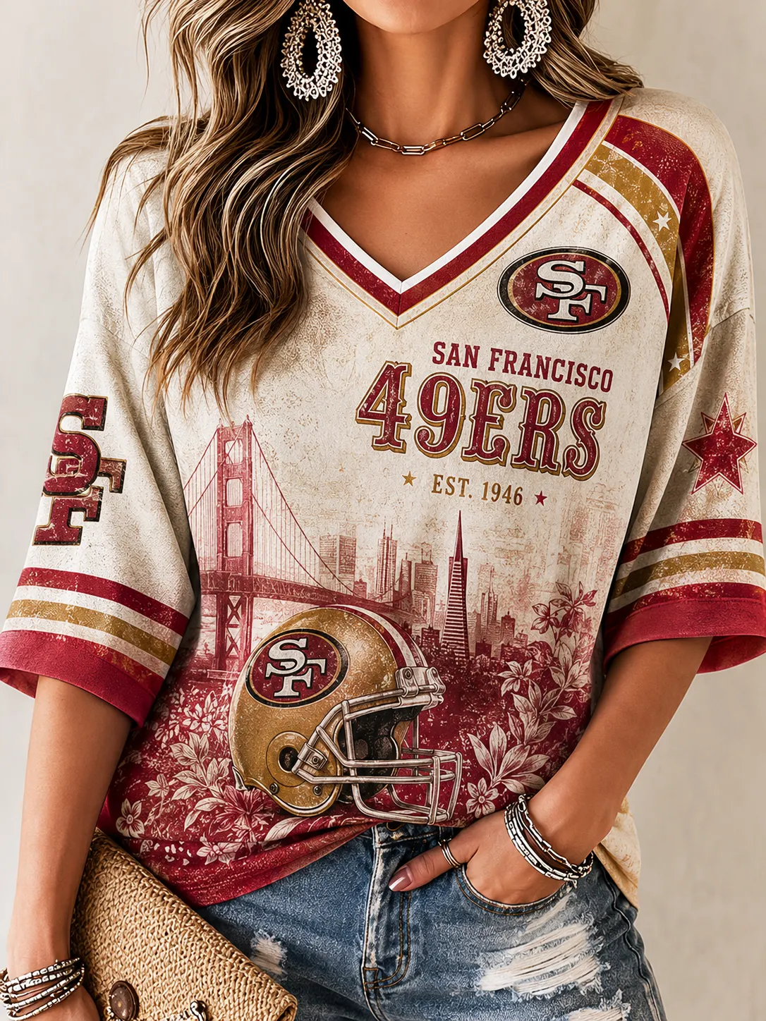 Women's San Francisco 49ers Vintage City Skyline Print Color Block 3/4 Sleeve V-Neck Football Casual Tee