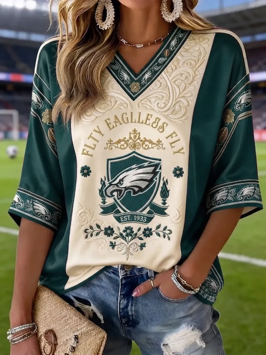 Women’s Vintage Philly Eagle Football Graphic V-Neck Top