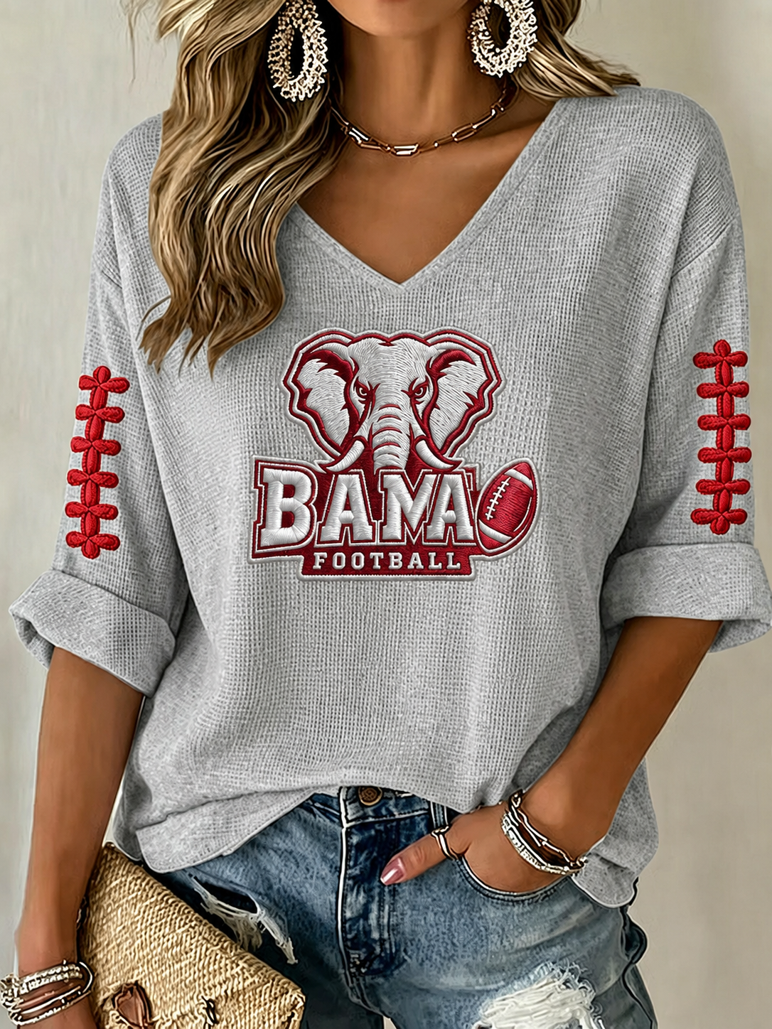 Women'S Rugby Patterned Waffle V-Neck Top