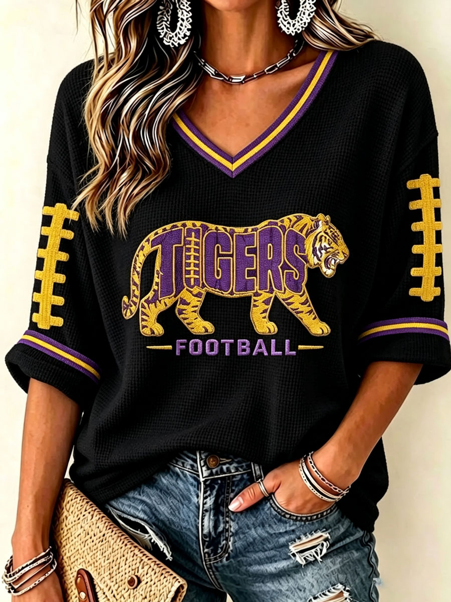 Women'S Rugby Patterned Waffle V-Neck Top