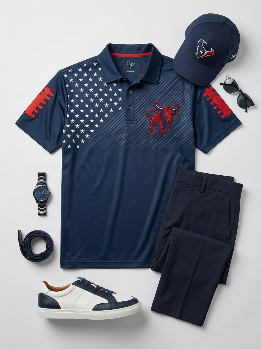 Men's Houston Texans Bull Football Stars Printed Polo Shirt