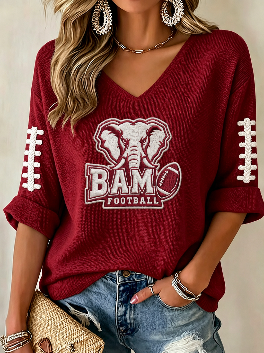 Women'S Rugby Patterned Waffle V-Neck Top