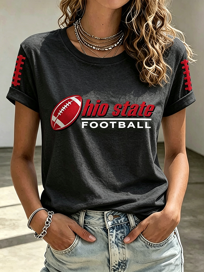 Women'S Rugby Printed Round Neck Short Sleeved T-Shirt