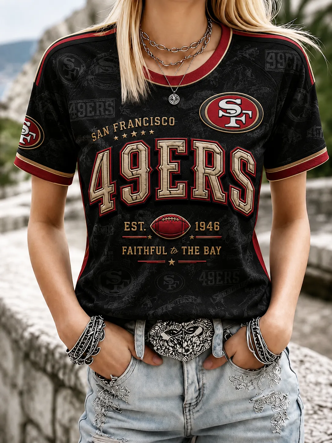 Women's San Francisco 49ers All Over Logo Print Red Gold Trim Crew Neck Football Short Sleeve Tee
