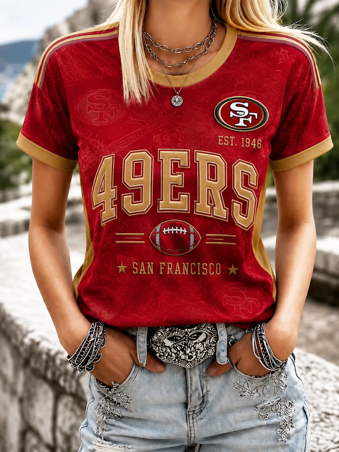 Women's San Francisco 49ers Red All‑Over Subtle Print Gold Trim Crew Neck Football Fan Short Sleeve T‑Shirt