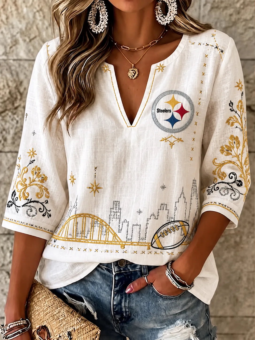 Women's Pittsburgh Steelers Embroidery Pittsburgh Skyline Notch V Neck 3/4 Sleeve Casual Linen Blouse
