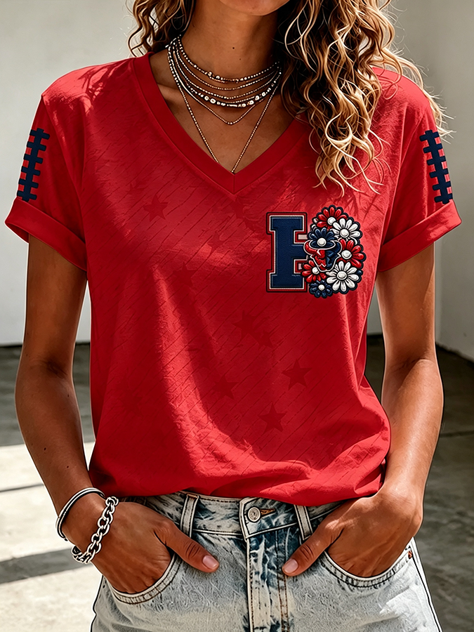 Women'S Rugby Printed V-Neck T-Shirt