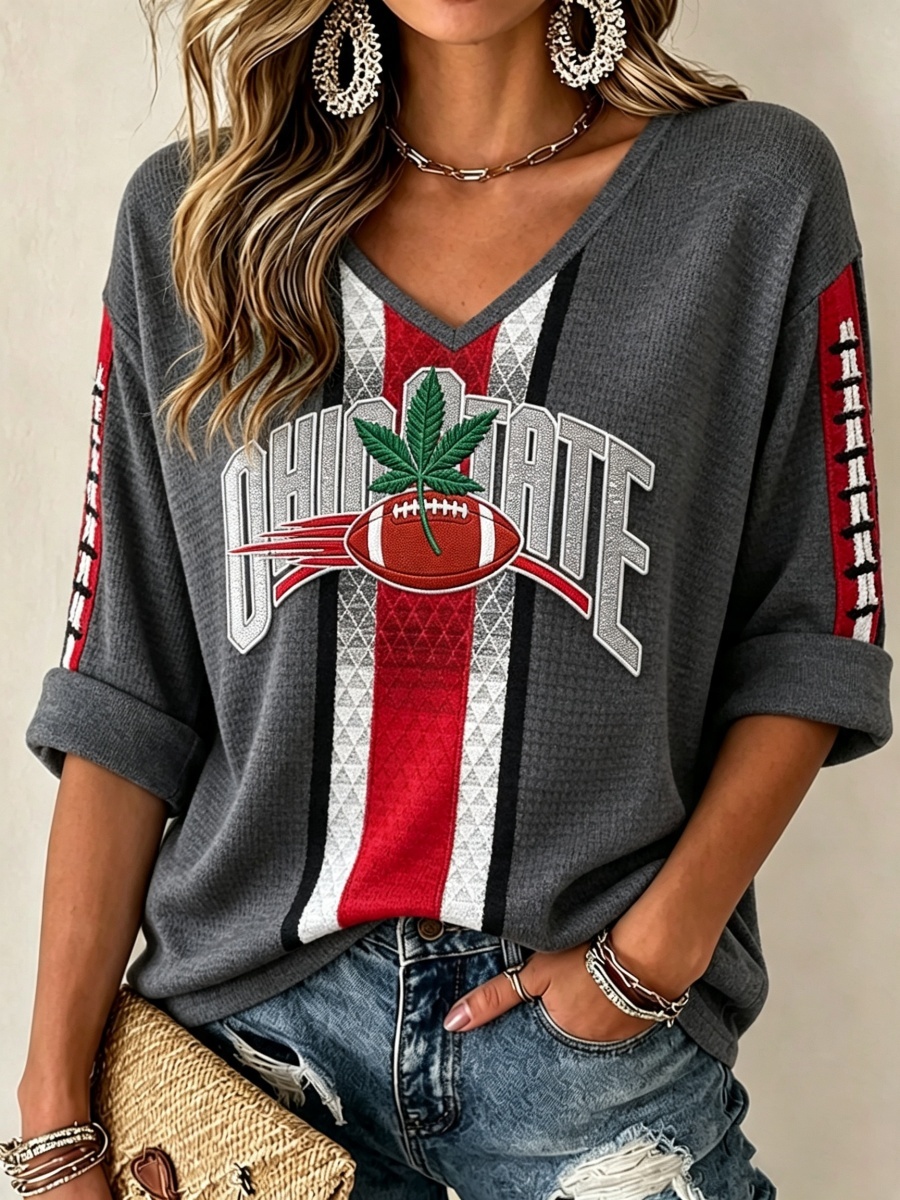 Women'S Football Print Waffle V-Neck Top
