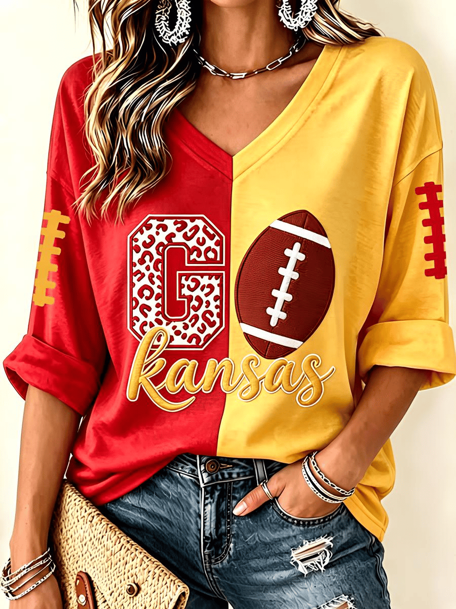 Women's Split Red & Gold Kansas Leopard G Football Graphic V-Neck Roll Sleeve Casual T-Shirt
