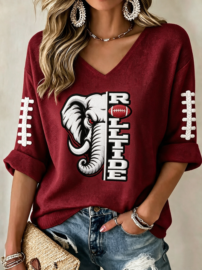Women'S Rugby Patterned Waffle V-Neck Top