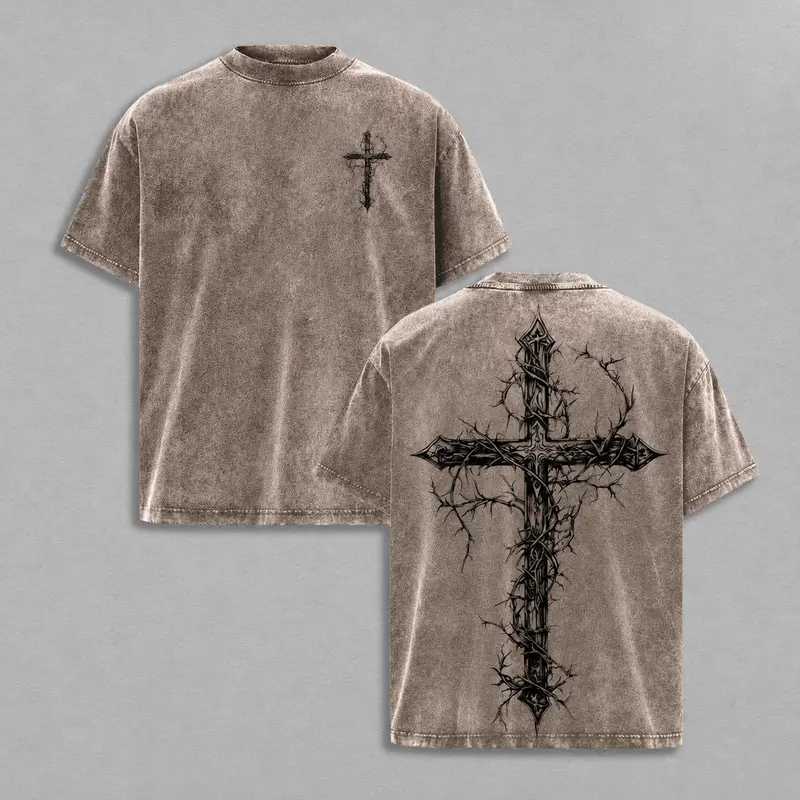 Vintage Thorn Cross Graphic T-Shirt | Gothic Christian Washed Tee