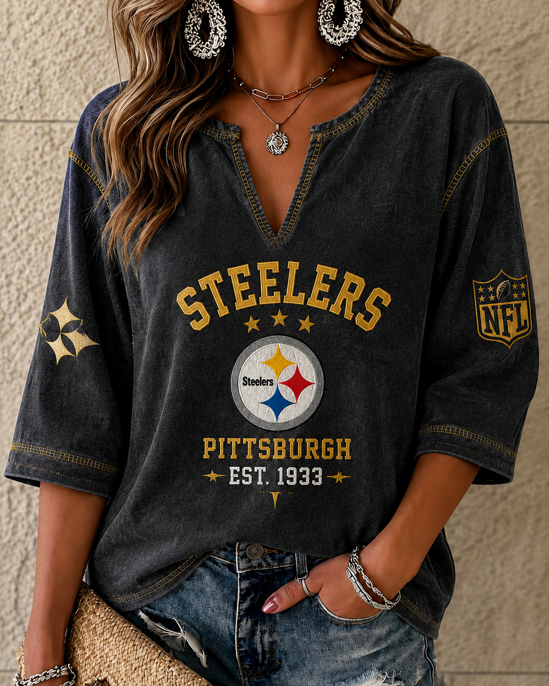 Women's Vintage Washed Pittsburgh Steelers Notch V-Neck 3/4 Sleeve Casual Blouse