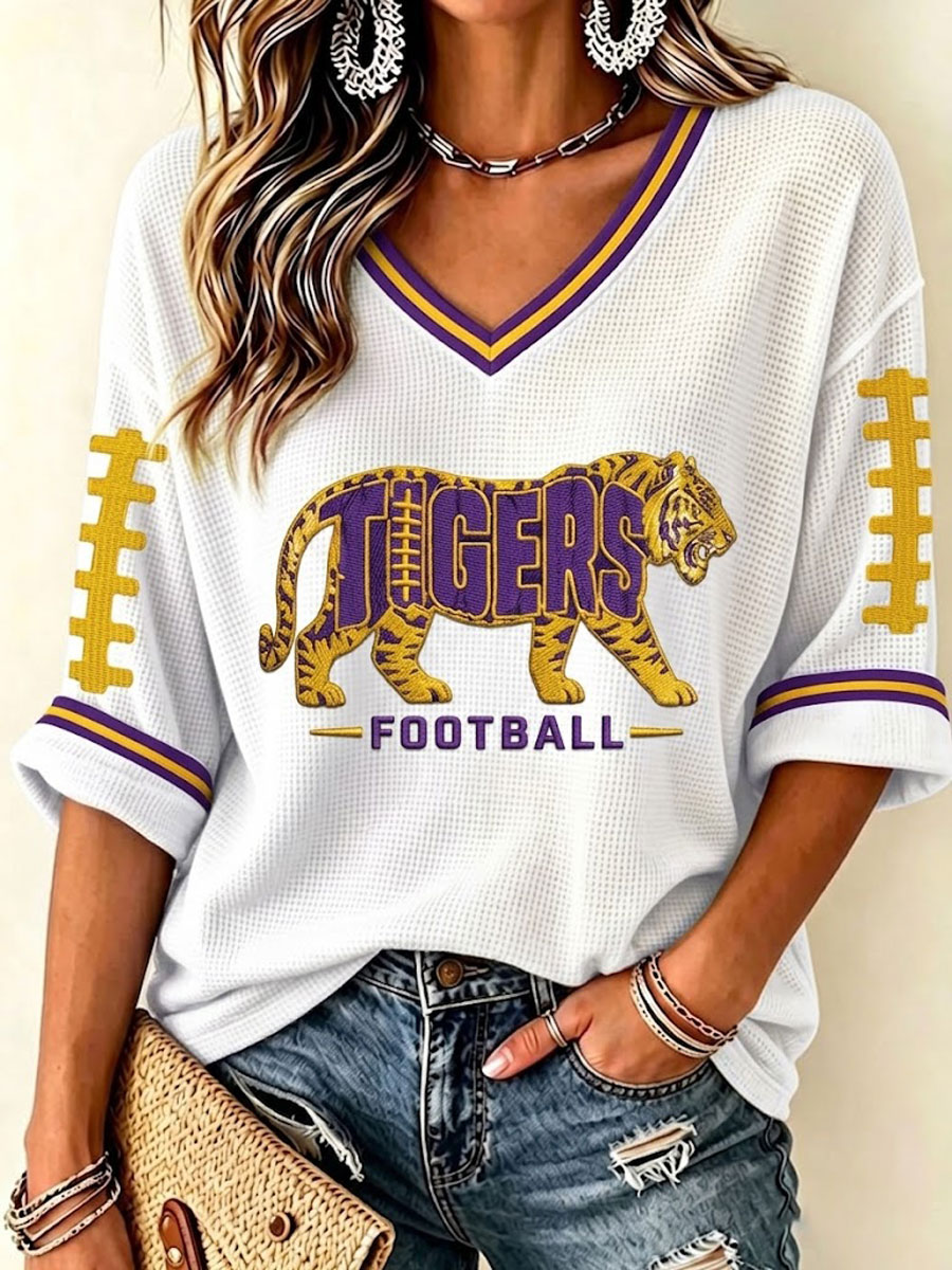 Women'S Rugby Patterned Waffle V-Neck Top