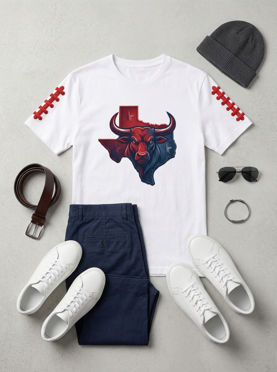 Men's Houston Texans Football Bull Texas Map Printed T-shirt