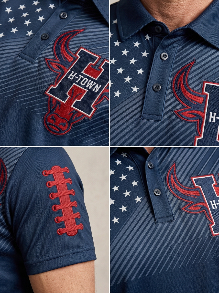 Men's Houston Football Fan H-Town Bull Flag Printed Polo Shirt
